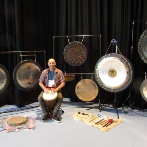 Gong bath setup at the Yard Theatre in Hulme, Manchester